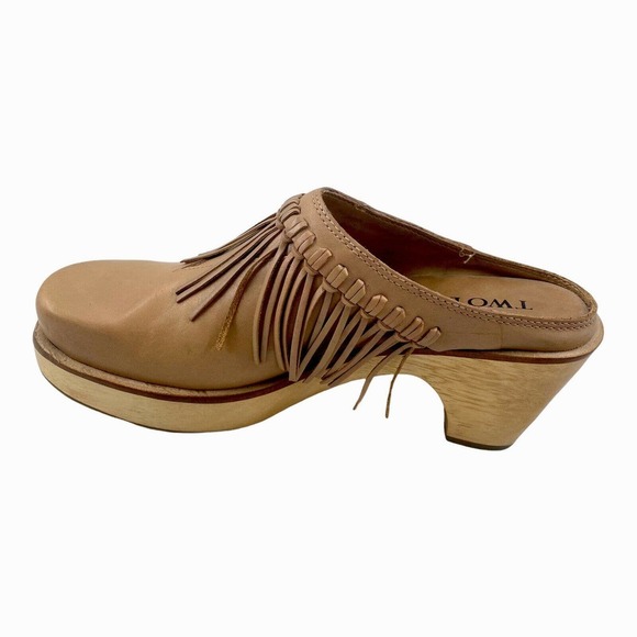 Two Lips Sylvia Leather Fringed Mules Wood Clogs Slip On Shoes Chunky Heel 8M - Picture 8 of 11